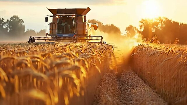 A massive combine harvests ripe wheat under the warm glow of the setting sun, leaving a trail of dust as it moves through the expansive golden fields. The tranquil rural landscape is stunning.