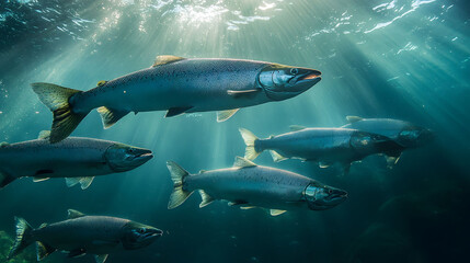 Obraz premium Salmon Schooling in Ocean Waters, vibrant aquatic scene showcasing the dynamic movement and natural behavior of salmon in their habitat