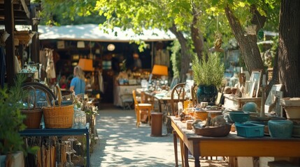 A flea market with a variety of vintage goods, second-hand treasures, and antiques displayed for bargain hunters