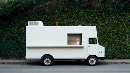 Naklejka premium A white food truck parked beside a green ivy-covered wall during a sunny day
