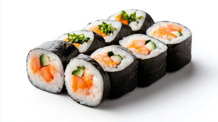 Delicious sushi rolls featuring fresh salmon, cucumber, and green onions, wrapped in seaweed. Perfect for sushi lovers and delightful addition to any meal.