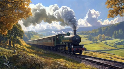 Obraz premium A classic steam train traveling through an English countryside, smoke puffing out of its chimney, with rolling hills and pastures on either side.