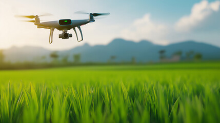 Drones flying over rice field.
