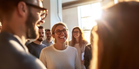 Business people are smiling and chatting person through office.