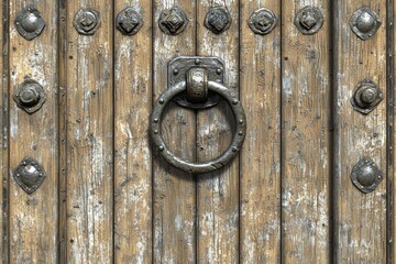 Detailed view of an antique wooden door with a circular metal knocker and decorative rivets.
