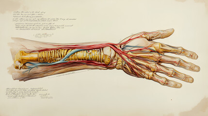 anatomy of carpal tunnel syndrome, highlighting the median nerve, flexor tendons, and carpal bones diagram hand drawn schematic raster illustration. Medical science educational 