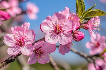 Obraz premium Delicate pink cherry blossoms blooming in the sunlight, showcasing vibrant colors and intricate details.