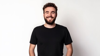 Young sport handsome man with beard over isolated white background posing with arms at hip and smiling. 