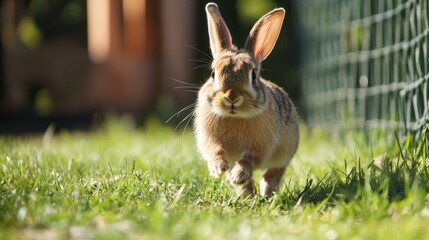 A rabbit pet hopping around in an outdoor pen, enjoying fresh grass and playtime with its owner