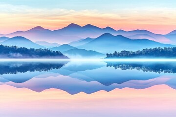 Fototapeta premium Serene landscape featuring majestic mountains reflecting in a tranquil lake during dawn, showcasing soft pastel colors.