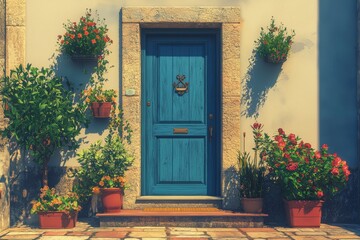Fototapeta premium A charming blue door framed by vibrant flowers in pots, showcasing a warm and inviting atmosphere.