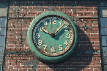 Fototapeta premium A large vintage clock with a turquoise face, mounted on a weathered brick wall, showcasing timeless beauty.