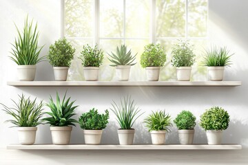 A vibrant display of various greenery in terracotta pots, showcasing the beauty of indoor plants with sunlight streaming in.