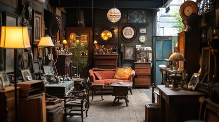 An antique market with stalls displaying vintage furniture, collectibles, and rare finds for discerning shoppers