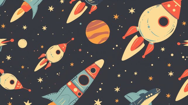 Seamless pattern with rockets and planets. Space exploration.  illustration