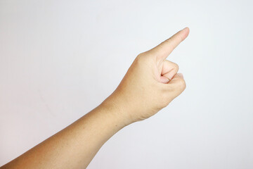 young man hand pointing isolated finger Isolated on white background.