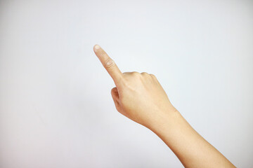 young man hand pointing isolated finger Isolated on white background.