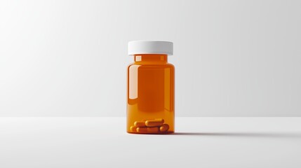 Obraz premium Clear prescription bottle with orange capsules on a simple background