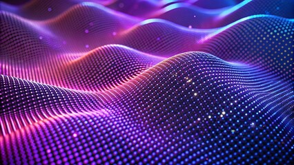 Abstract background of a blue and purple gradient with wavy dotted patterns, ideal for digital designs and wallpapers. Abstract futuristic blue and pink wave with moving dots. 