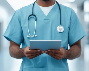 Healthcare worker in a virtual environment practicing patient care skills, online training, healthcare education