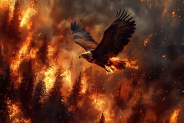 Fototapeta premium An eagle flying over a forest fire