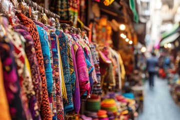 Bazaar stalls packed with textiles, spices, and handicrafts, offering a diverse array of goods to shoppers