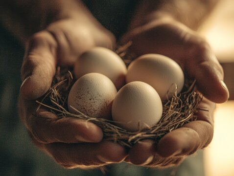 Closeup of hands holding a small nest with four white eggs. - Powered by Adobe