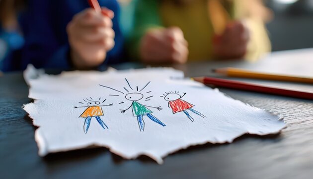 Child s drawing on a torn piece of paper, with dark scribbles over the figures, symbolizing the hidden pain of abuse, art as expression, trauma depiction