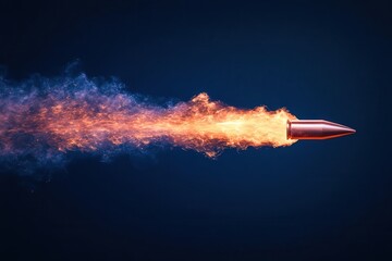 an image of a flying bullet with a trail. The background is very dark blue.