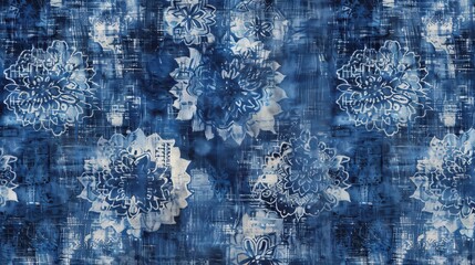Seamless indigo tie dye floral block print background. Boho ethnic soft furnishing fabric. Batik all over print swatch.