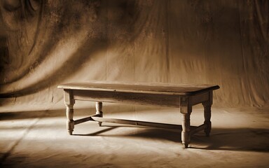A vintage wooden coffee table with a worn finish sits in an empty room with a warm, sepia-toned light.