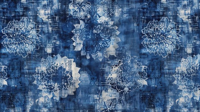 Seamless indigo tie dye floral block print background. Boho ethnic soft furnishing fabric. Batik all over print swatch.