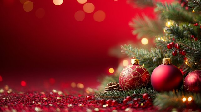Christmas Wallpaper With a Christmas Tree With Ornaments, Greeting Card Concept With Copy Space, Red Background