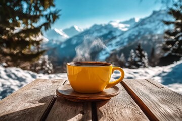Wooden Table with Yellow Cup of Coffee and Snow-Covered Mountains in Background: Peaceful and Serene Scene with Blue Sky