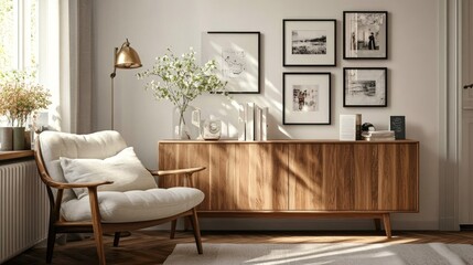 A contemporary living room featuring a simple wooden cabinet, a comfortable armchair with a soft cushion, and framed photos on the wall above the cabinet.