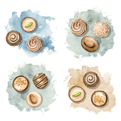 Set with various chocolate candies on stain background. Watercolor hand drawn illustration