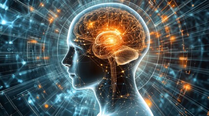 Futuristic digital illustration of human brain with interconnected interface lines on dark blue background with depth effect.