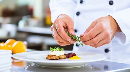 Skilled Chef Carefully Garnishing Gourmet Dish in Professional Kitchen