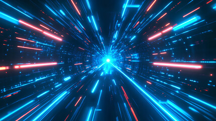 Blue Glowing Abstract Light Rail: Speeding Neon Light Trails in Sci-Fi Style. Futuristic Glow Burst with Networking Elements. Bright Cinematic Fantasy Lines Creating a Dynamic Speed Effect
