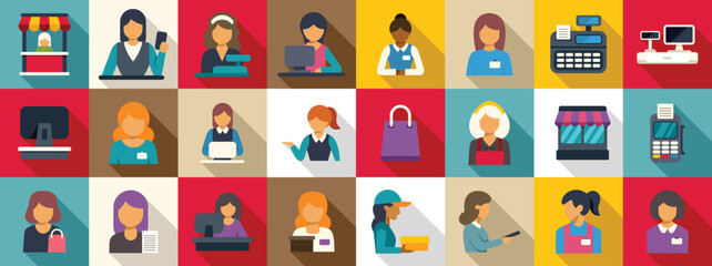 Girl vendor icons set. This set of vector illustrations represents different female professions in a flat design style with long shadows