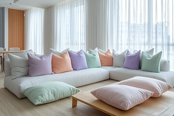 Obraz premium Minimalist, contemporary Scandinavian interiors in the living room with curtains windows and sofas and pastel colored cushions. Generative AI 