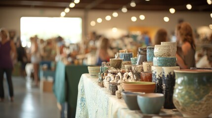 Handmade market goods, with artisans selling beautifully crafted items, from pottery to jewelry, in a vibrant space