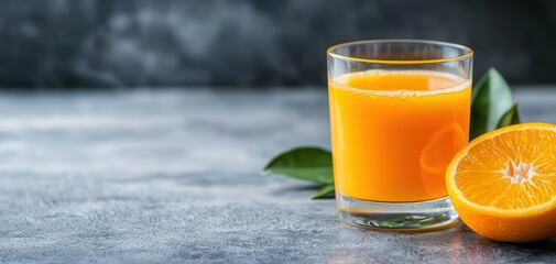 Fototapeta premium Freshly squeezed orange juice with vibrant colors, a burst of morning energy in a glass, Morning vitamin energy