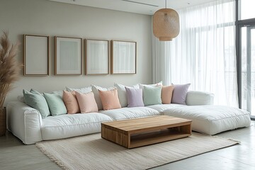 Fototapeta premium Minimalist, contemporary Scandinavian interiors in the living room with lights from the ceiling and art frames and sofas. Generative AI 