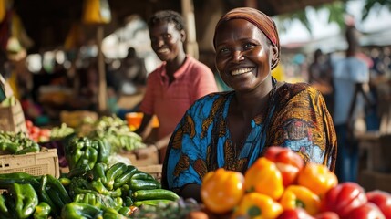 Fototapeta premium Market vendors smiling as they sell fresh produce, crafts, and local delicacies in a busy marketplace