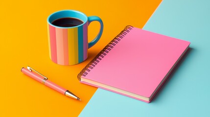 Colorful desk setup with a pink notebook, striped mug, and pen on vibrant background.