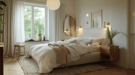 Fototapeta premium A cozy and bright Scandinavian bedroom with a double bed, headboard