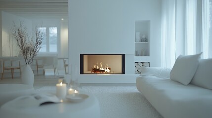 Fototapeta premium A cozy white apartment living room with a modern fireplace, white walls, and minimalist white furniture, creating a sophisticated yet welcoming environment.