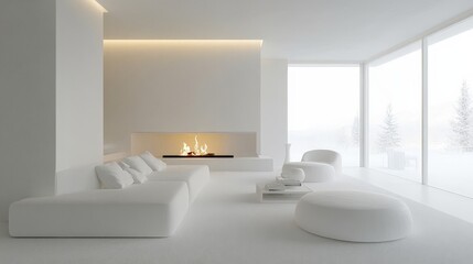 Fototapeta premium A cozy white apartment living room with a modern fireplace, white walls, and minimalist white furniture, creating a sophisticated yet welcoming environment.