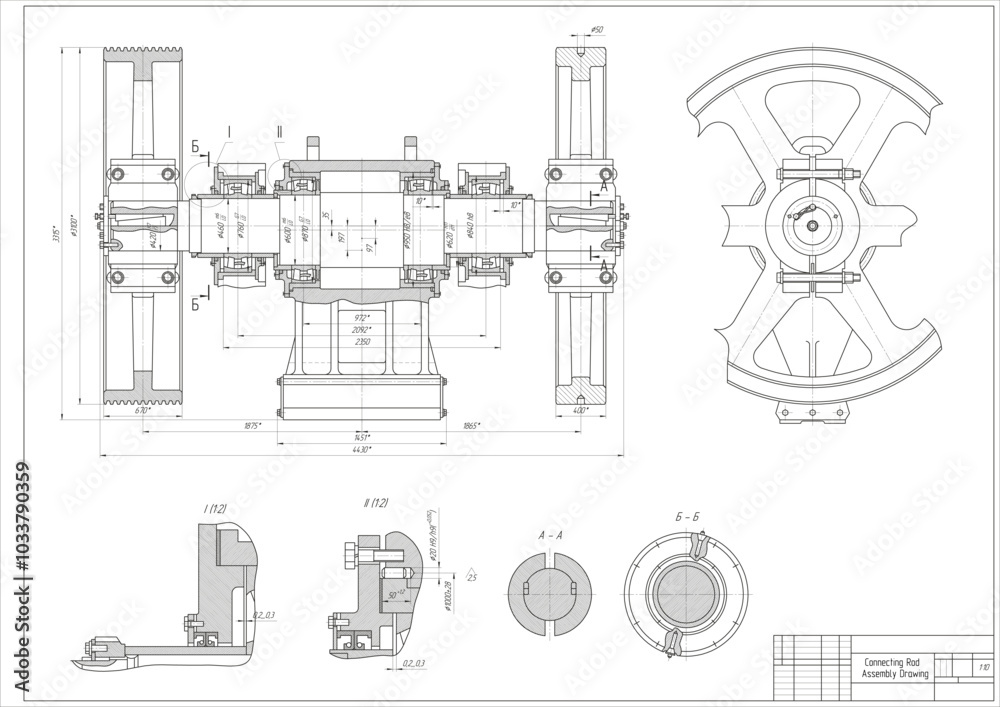Wall mural vector connecting rod shaft with thread and bearing. engineering mechanical assembly drawing of stee